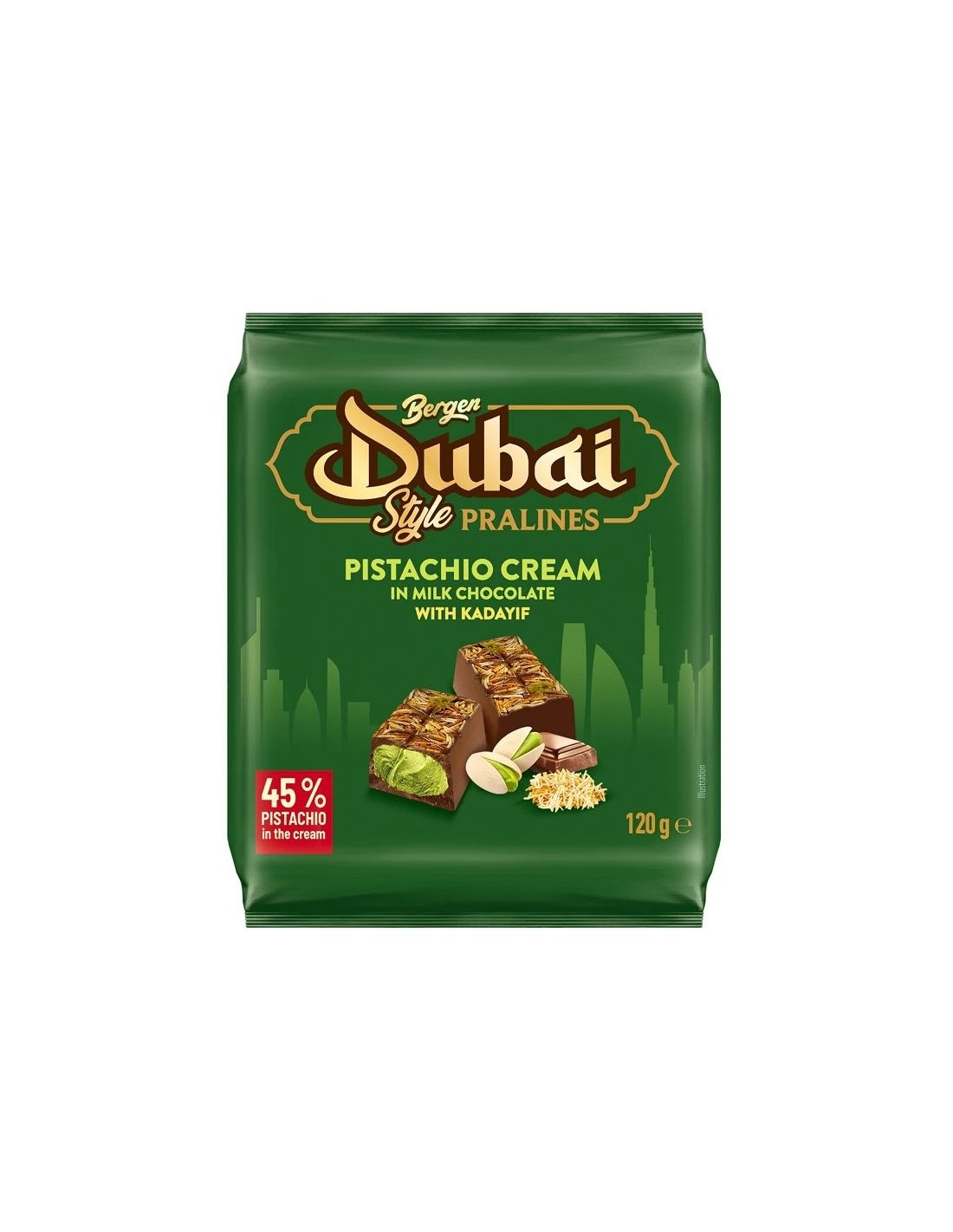 Bergen Dubai style Pralines 45% Pistachio Cream with Kadayif 120g