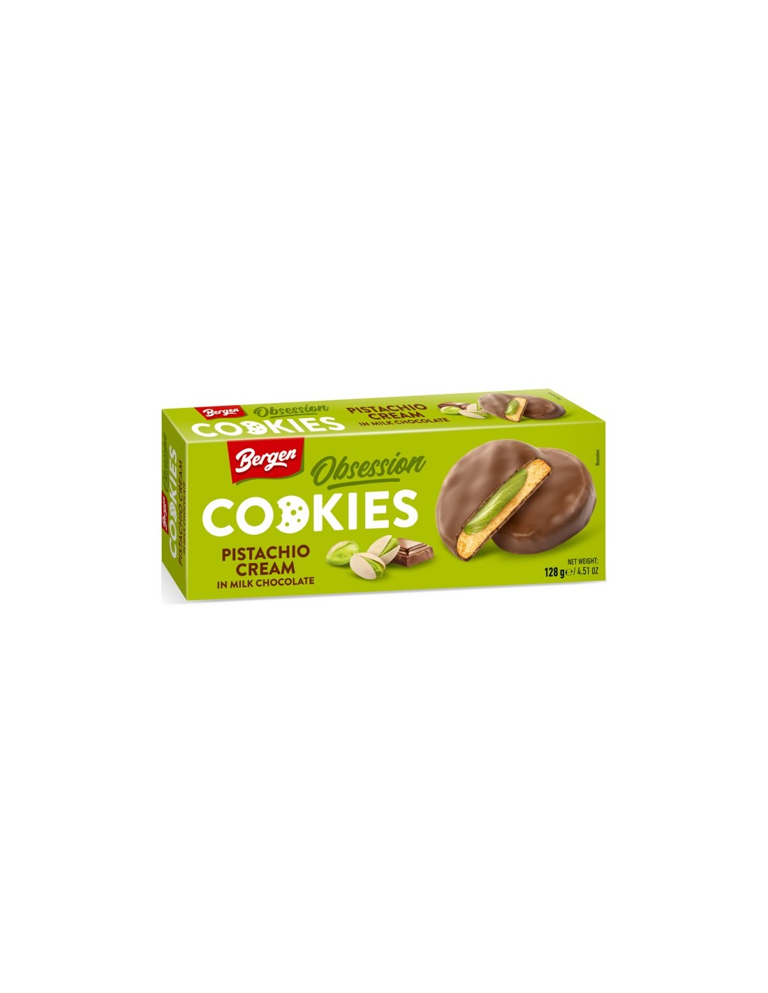 Bergen Obsession Cookies with Pistachio Cream in Milk Chocolate 128g